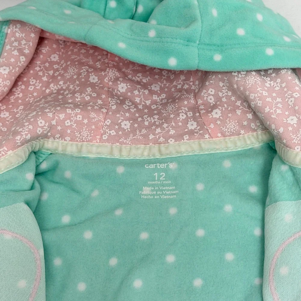 Carters Baby Girl 12M Mint Green Polka Dot Fleece Hooded Jumpsuit Heart